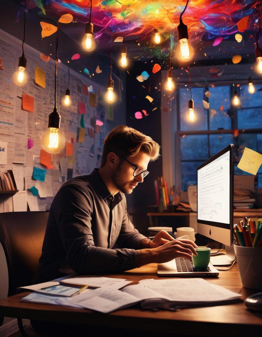 A dynamic scene depicting a writer at a desk surrounded by swirling ideas represented by colorful lightbulbs and notes transforming into engaging digital content. Include elements like a laptop, coffee cup, and inspiring quotes floating around. The background fades into a bright, imaginative landscape reflecting the impact of successful blogging. super-realistic. vibrant colors. imaginative style.
