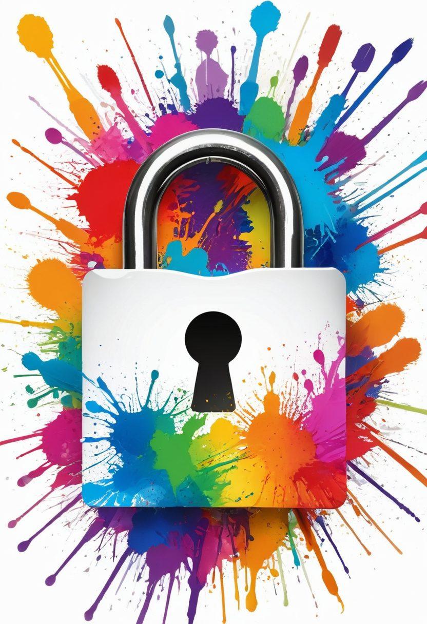 A vibrant, open lock with colorful paint splashes emanating from it, symbolizing creativity unlocking new ideas. Surround the lock with a variety of art supplies like brushes, pencils, and digital devices to highlight the digital blogging process. The background should have abstract patterns and words like 'imagination', 'inspiration', and 'innovation' subtly integrated in a playful manner. bright colors, dynamic composition, white background.