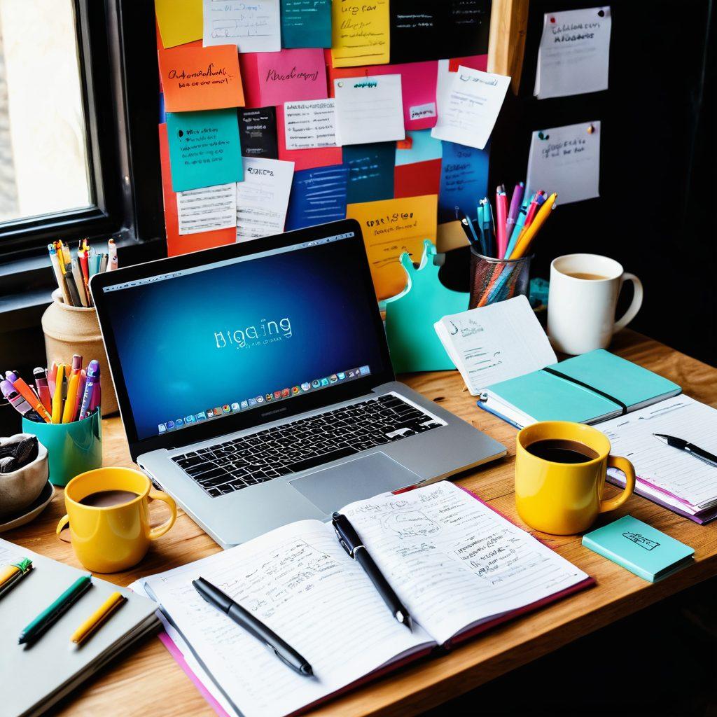 A visually engaging workspace filled with colorful notebooks, a laptop showing a blog interface, and creative tools like pens and markers scattered around. Include a steaming cup of coffee to symbolize an inviting atmosphere. The background should feature a vision board filled with ideas and inspiration related to blogging and content creation. super-realistic. vibrant colors. cozy atmosphere.